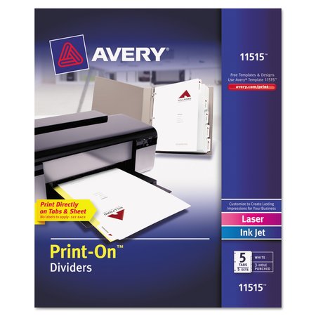 AVERY DENNISON Print-On Index Dividers 5 Tab, White, PK5 11515